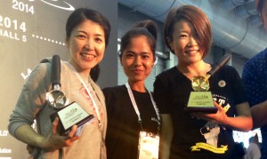 Japan's Tomoko Yamamoto (2nd place), Sakana and New Zealand's Hanna Teramoto (1st place)